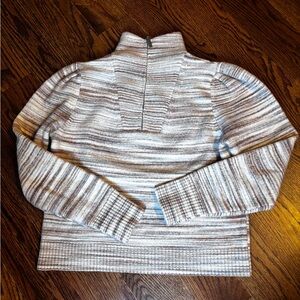 Striped Half-Zip Cowl Sweater in Cream and Brown Tones